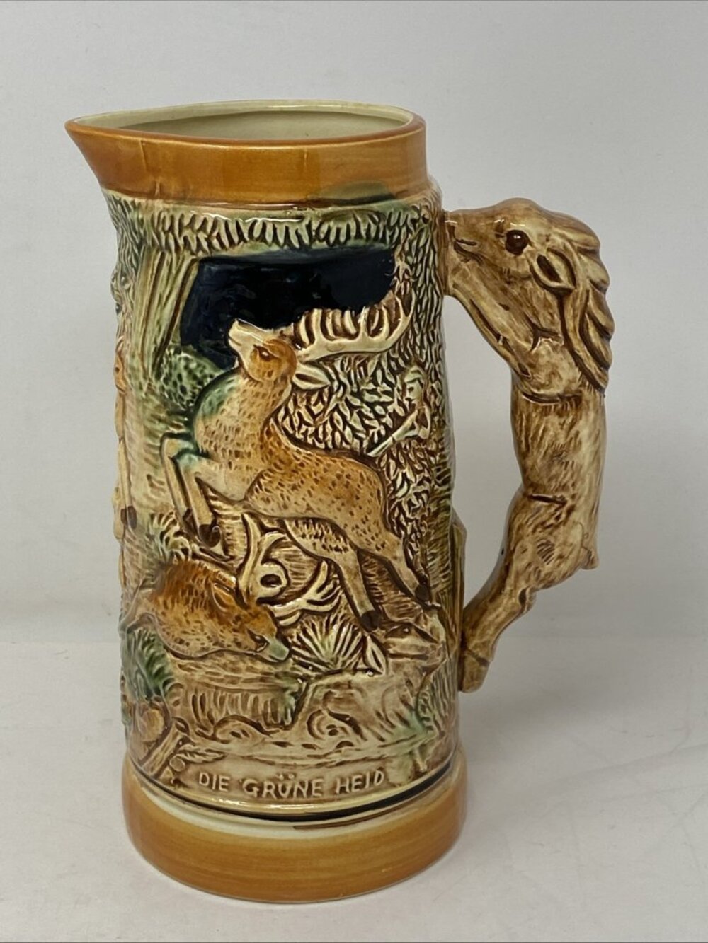 Vintage German Style Beer Stein Pitcher With Fox Handle Hunting Deer Boar 9”